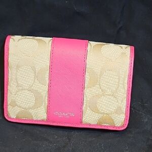 Coach Beige Signature Wallet with Pink Trim